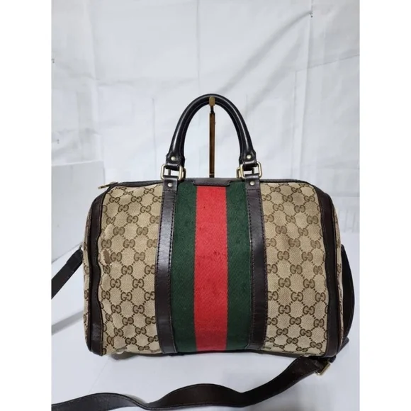 Authentic Gucci GG Canvas Leather Medium Vintage Web Boston Satchel Bag Brown/Be - Picture 13 of 16